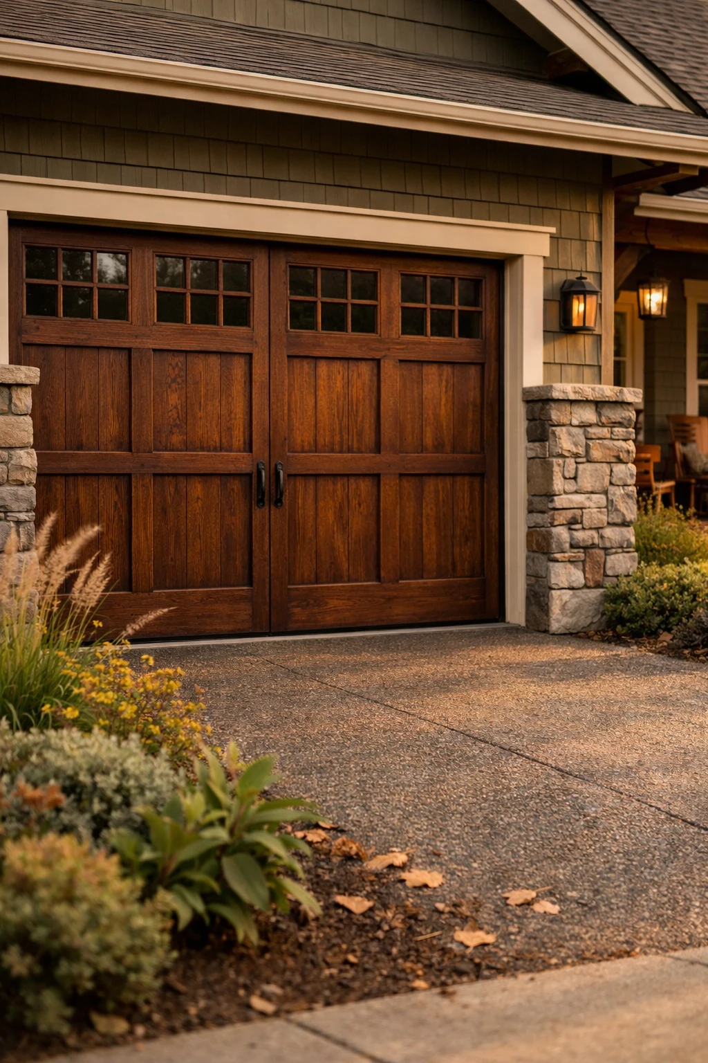 A Craftsman-style home with rich stained wood garage doors and stone accents.