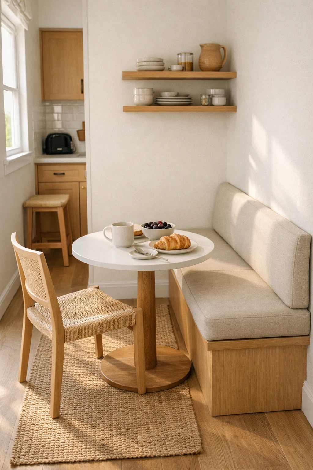 A slim wall-hugging kitchen banquette in a small kitchen with a compact round table and simple neutral styling.