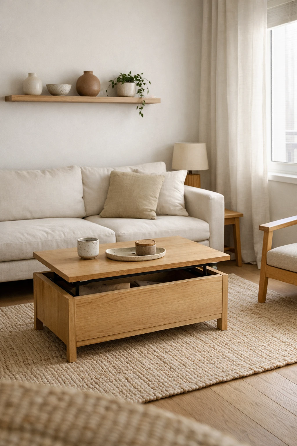 Compact Japandi living room with minimal furniture and light wood decor.