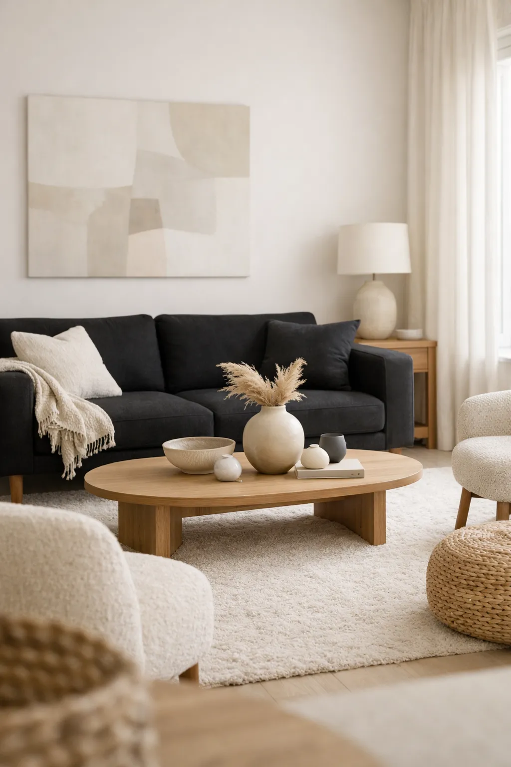 A black sofa in a black and white living room softened with off-white textures and matte decor finishes.
