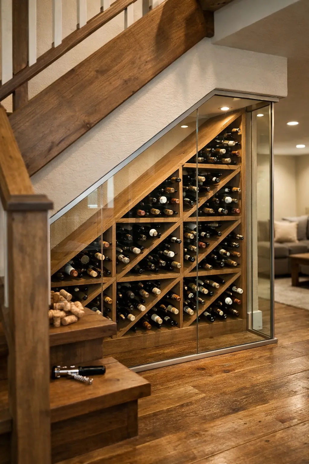 Compact wine cellar built beneath a basement staircase with glass enclosure and angled wine racks.