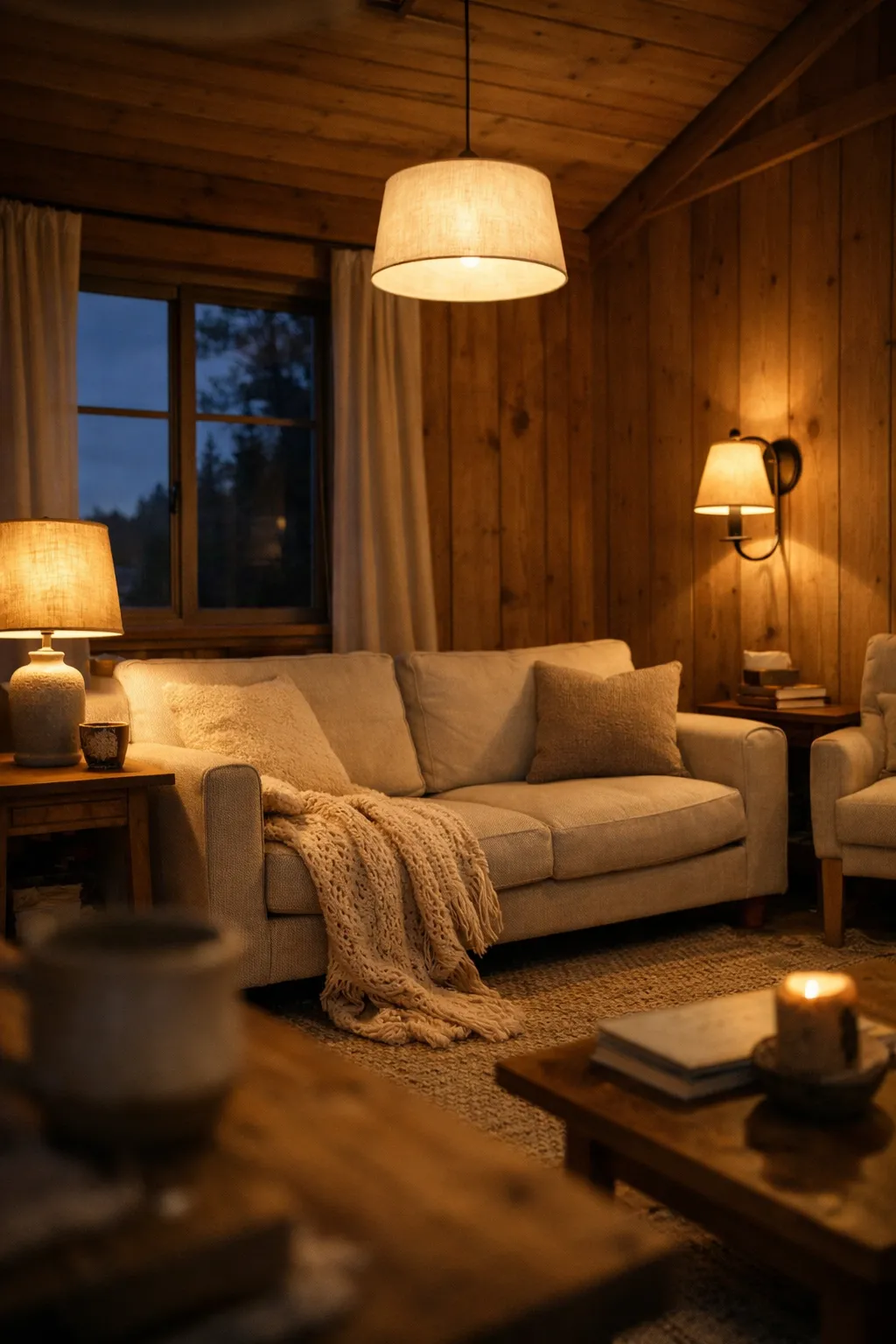 Small cabin living room with layered warm lighting from lamps and sconces