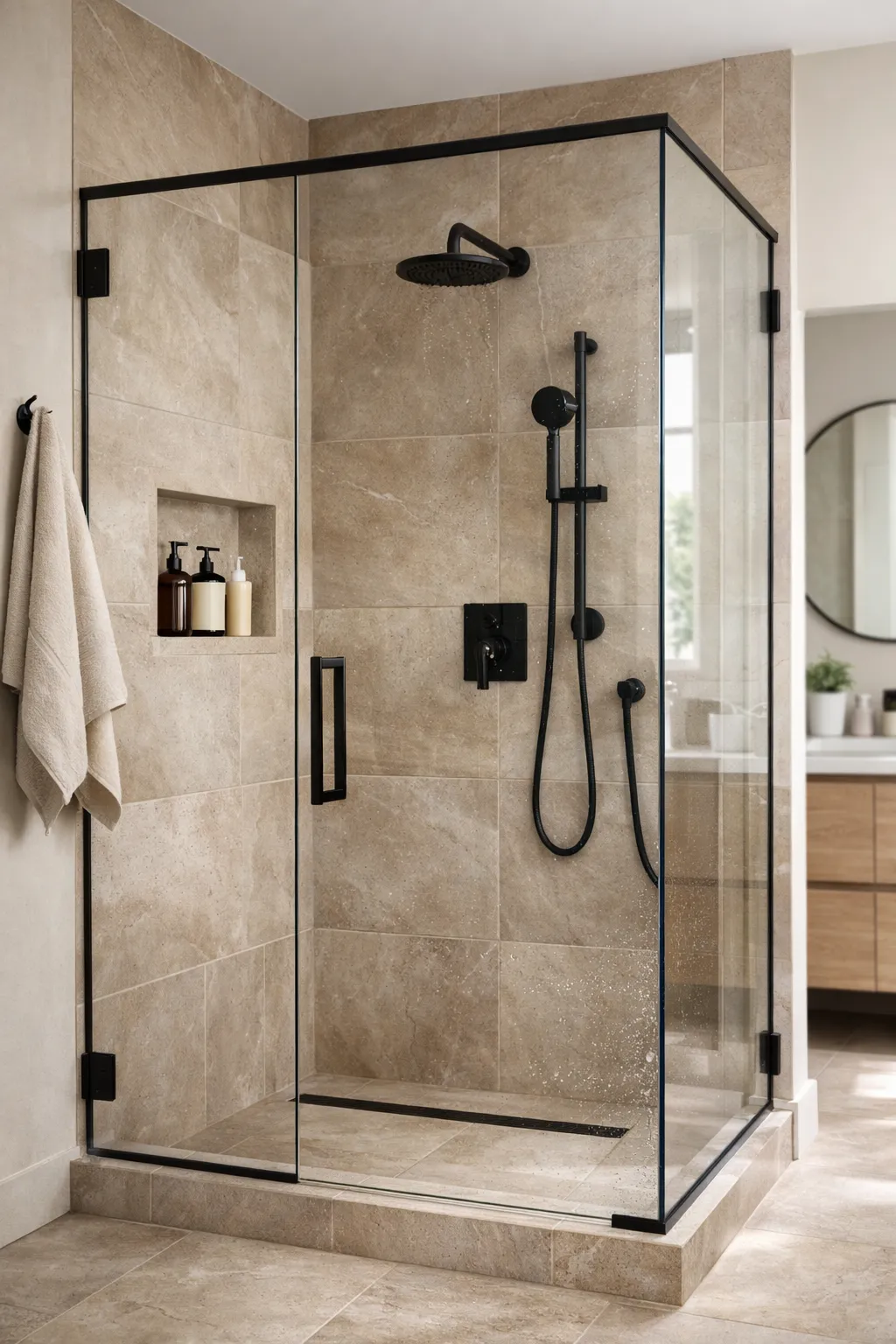 A neutral modern bathroom with a frameless glass shower and warm stone tile.