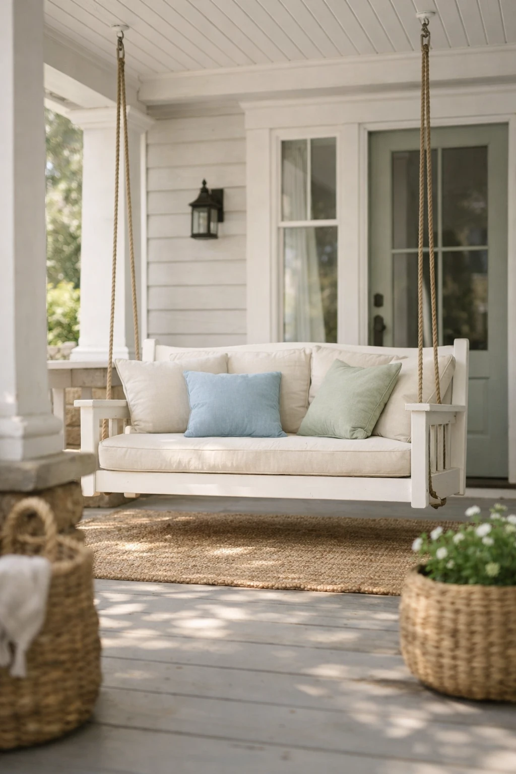 A painted white cottage porch swing with soft pastel pillows, natural baskets, and a charming covered porch.