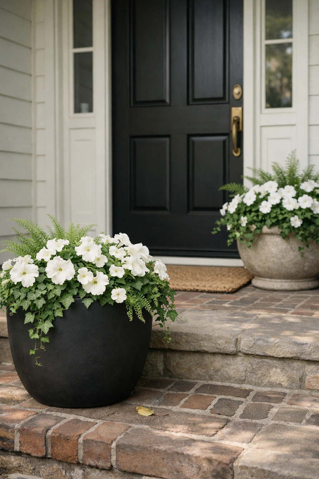 White flowers and green foliage in simple planters create a timeless front porch look.