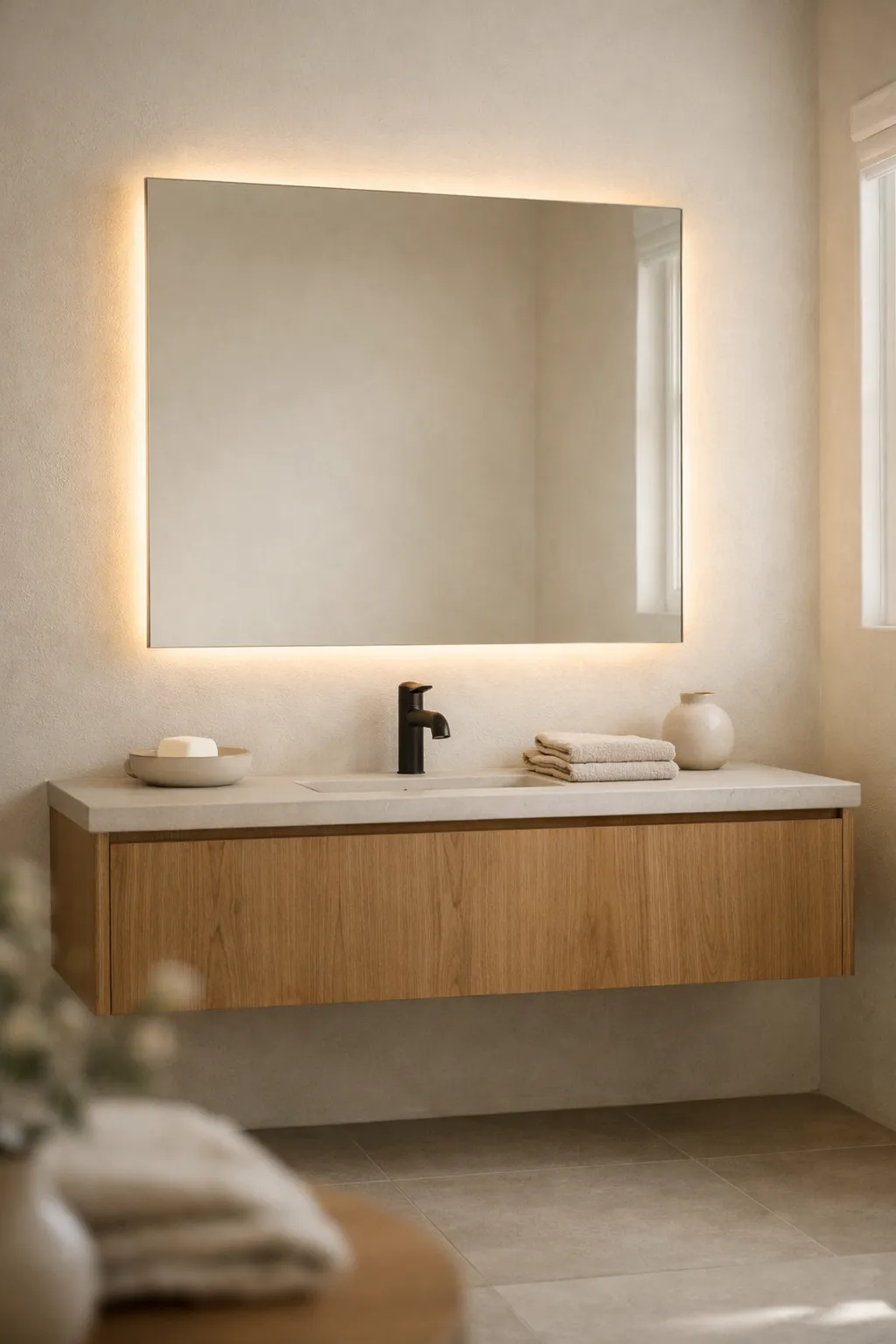 A modern neutral bathroom with a glowing backlit mirror above a simple vanity.