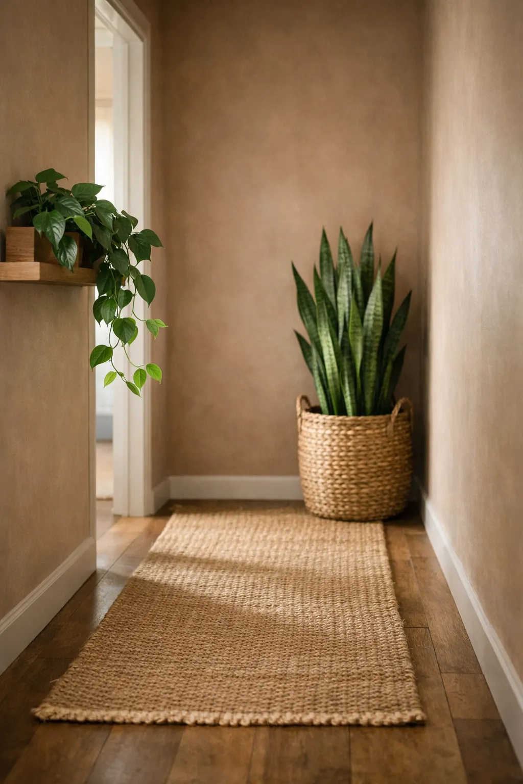 Snake plant and pothos in woven baskets placed in a warm bohemian hallway.
