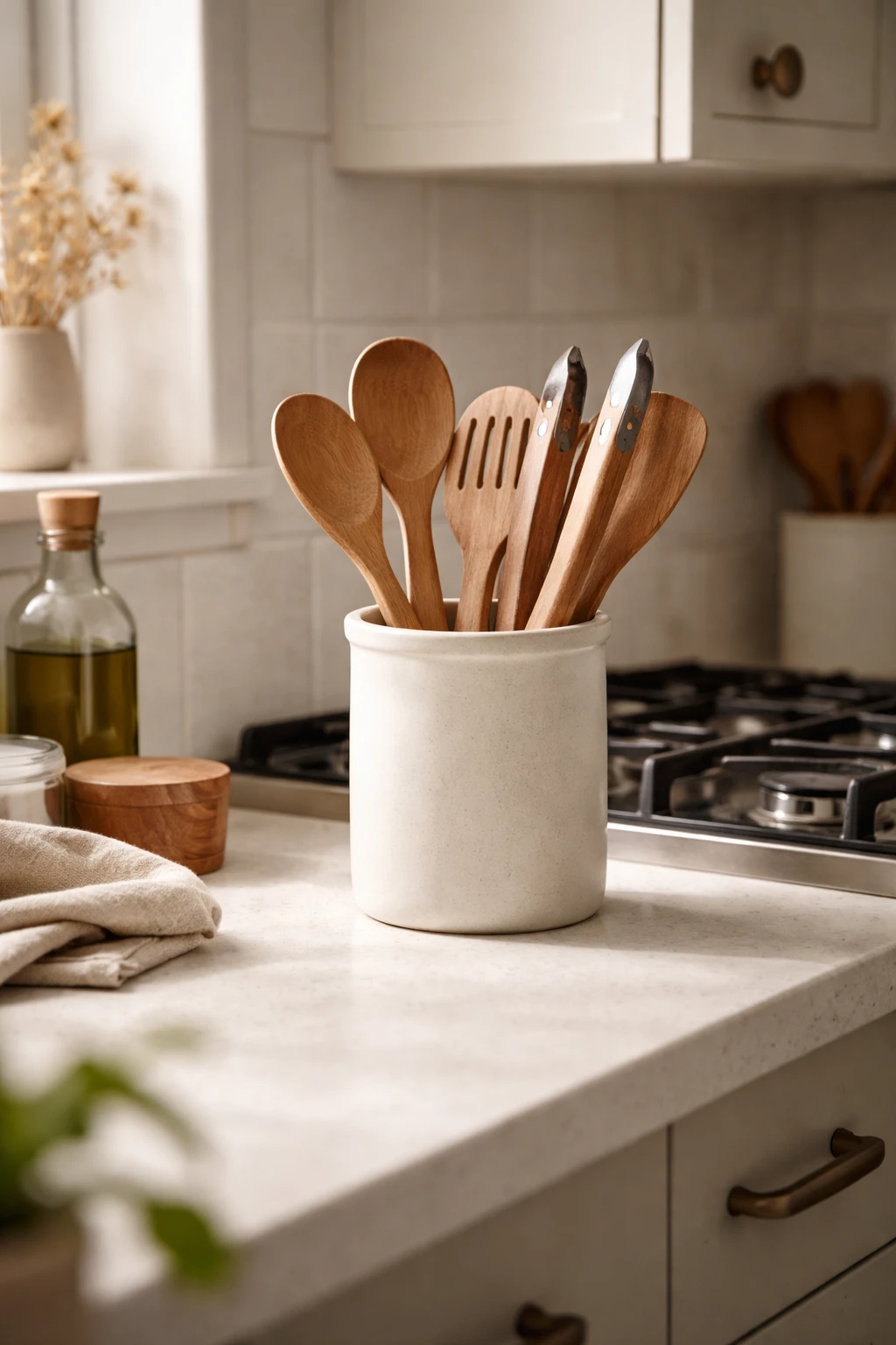 A ceramic crock filled with wooden spoons and utensils styled beside a stovetop on a kitchen counter.