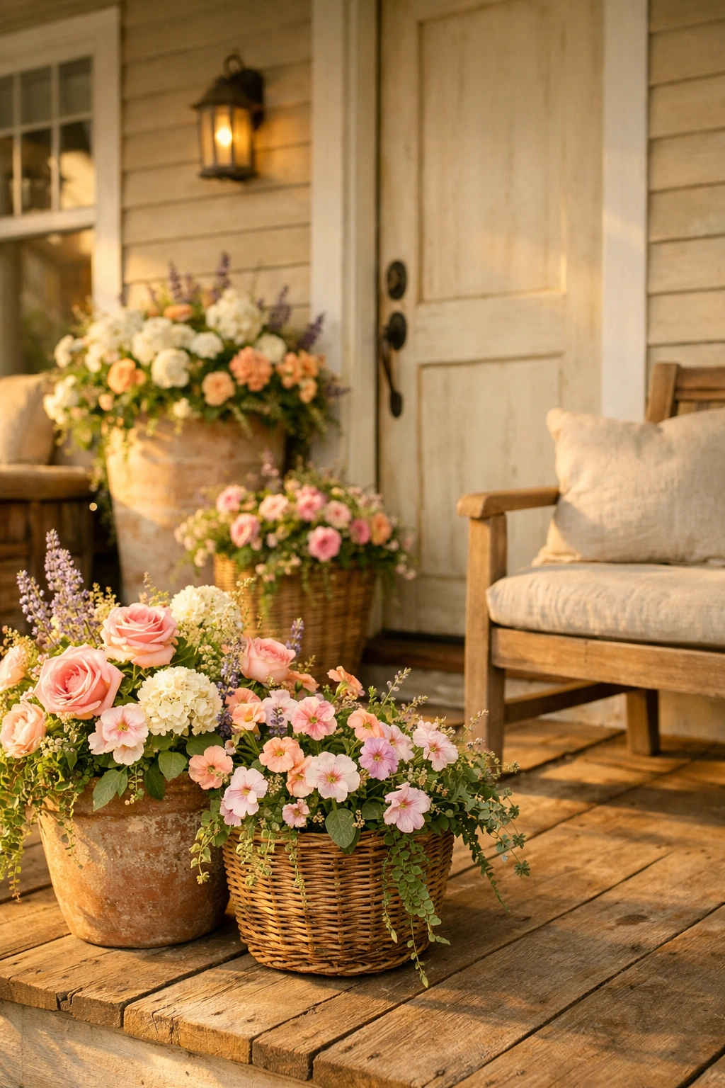 A cottage-style porch features mixed pastel blooms in charming layered containers.