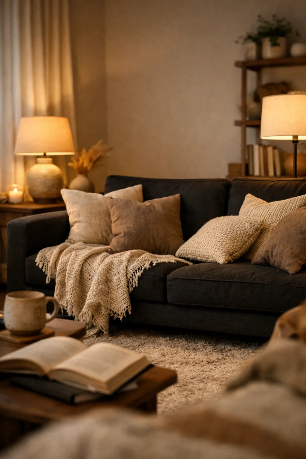 A cozy living room with a black sofa, warm lamp light, soft pillows, and layered neutral textures.
