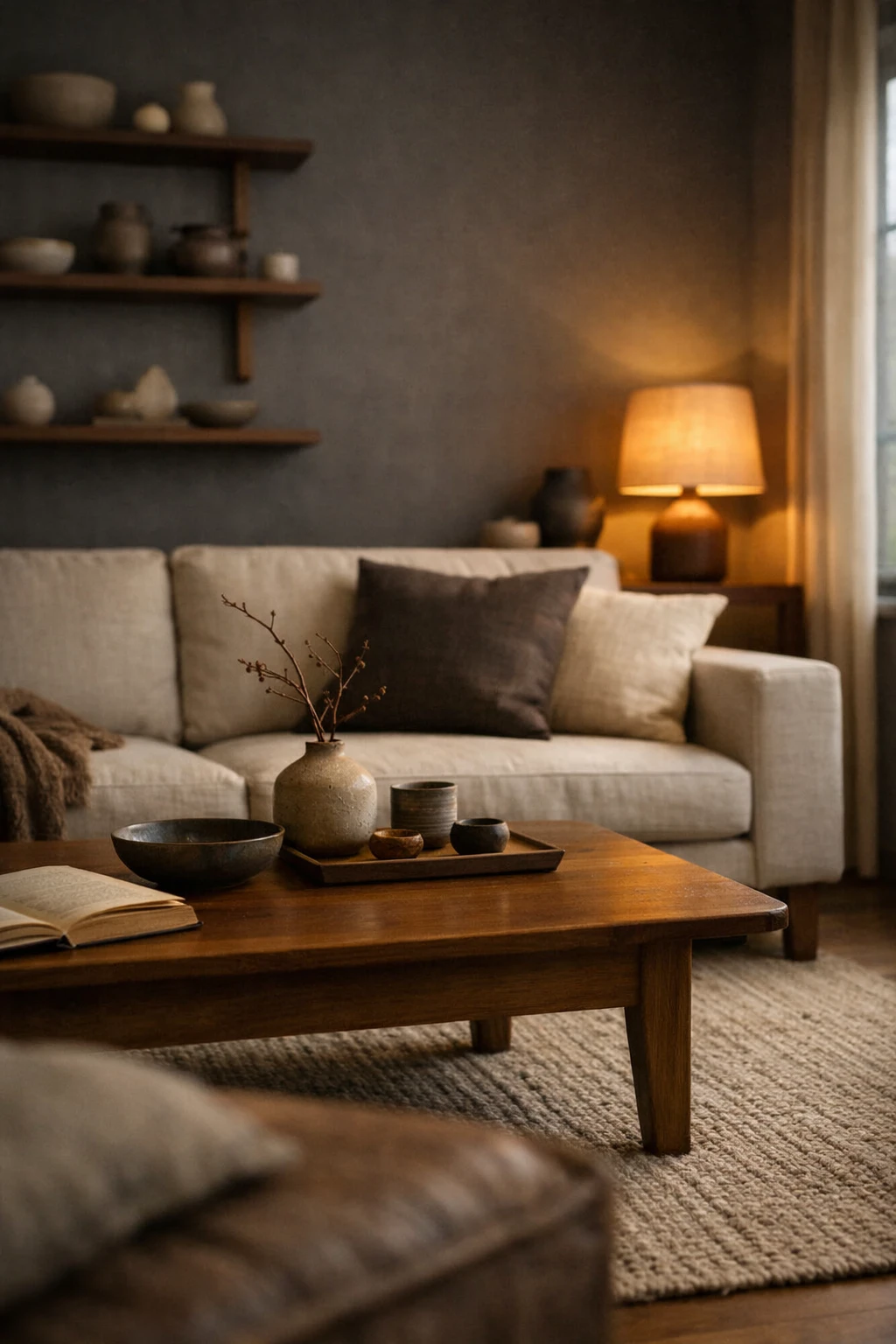 Japandi living room with charcoal walls and warm wood furniture.