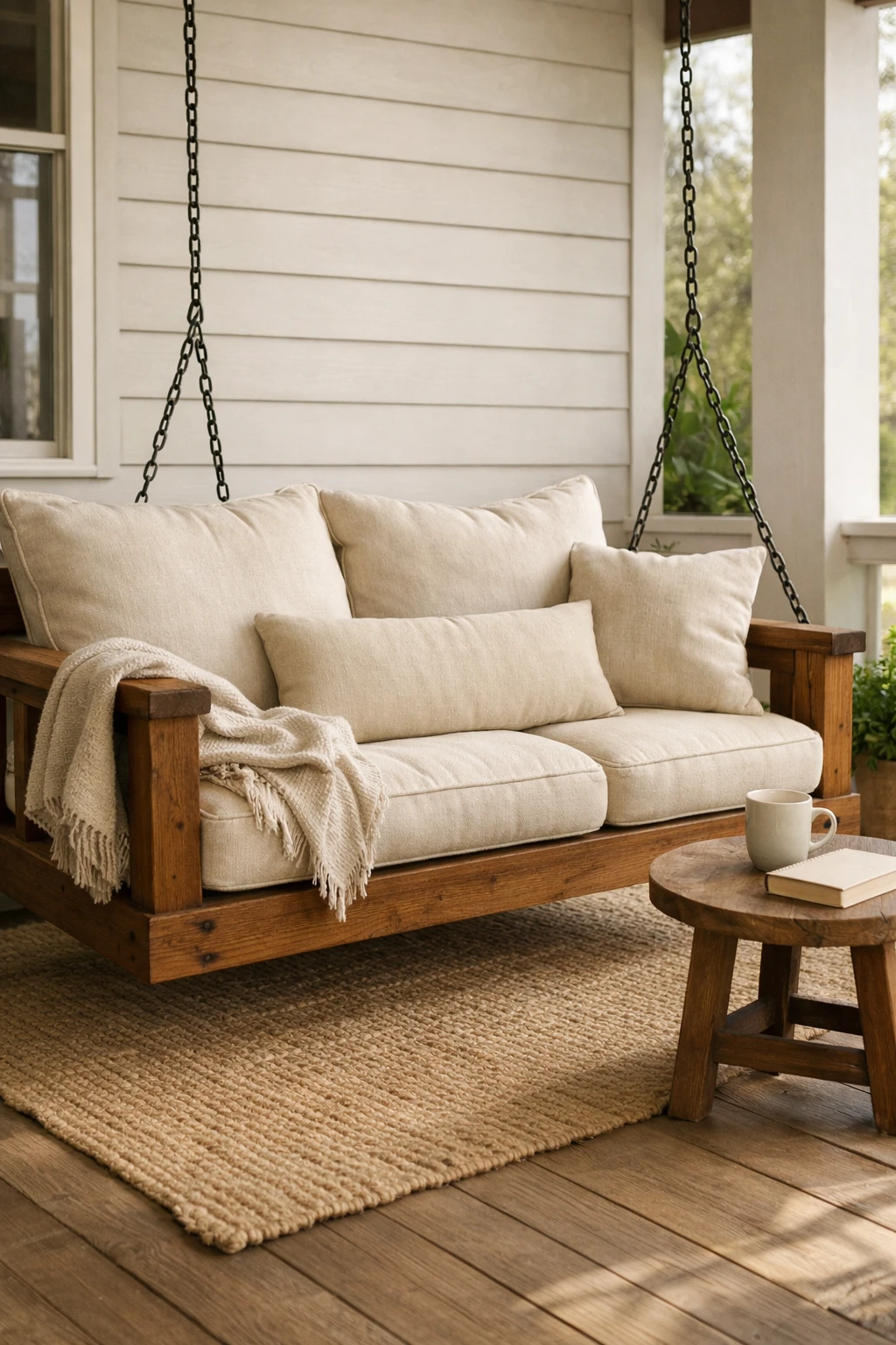 A deep seat porch swing with layered neutral cushions and a cozy layout for daily lounging.