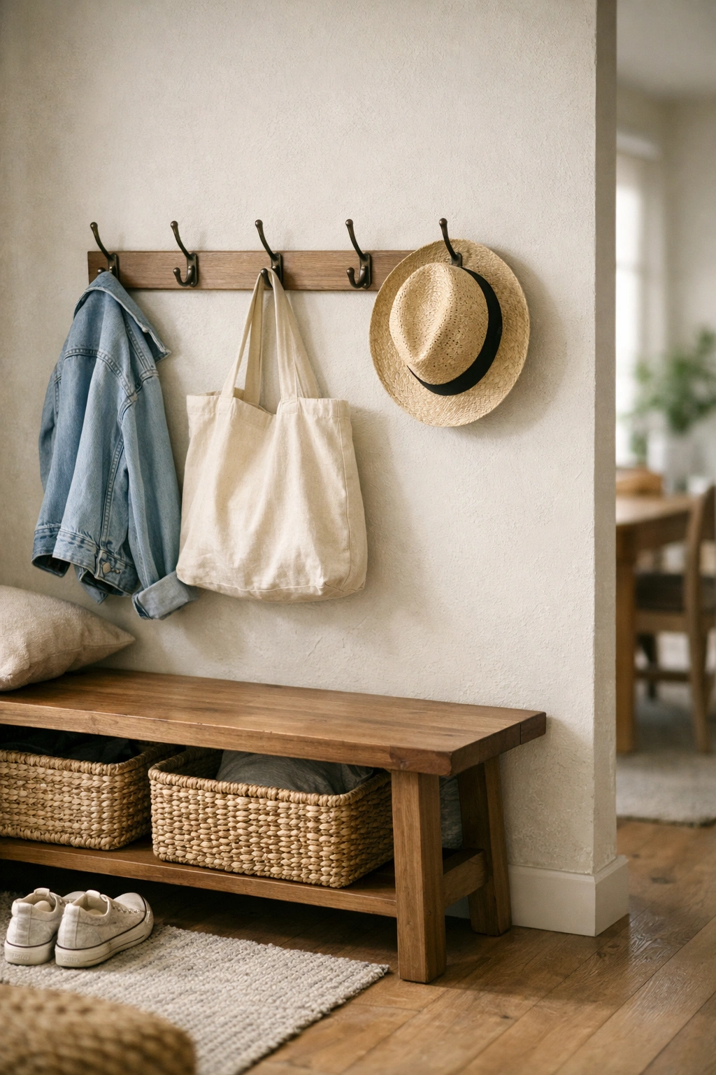 A home entrance wall with stylish hooks holding coats and bags above a bench.