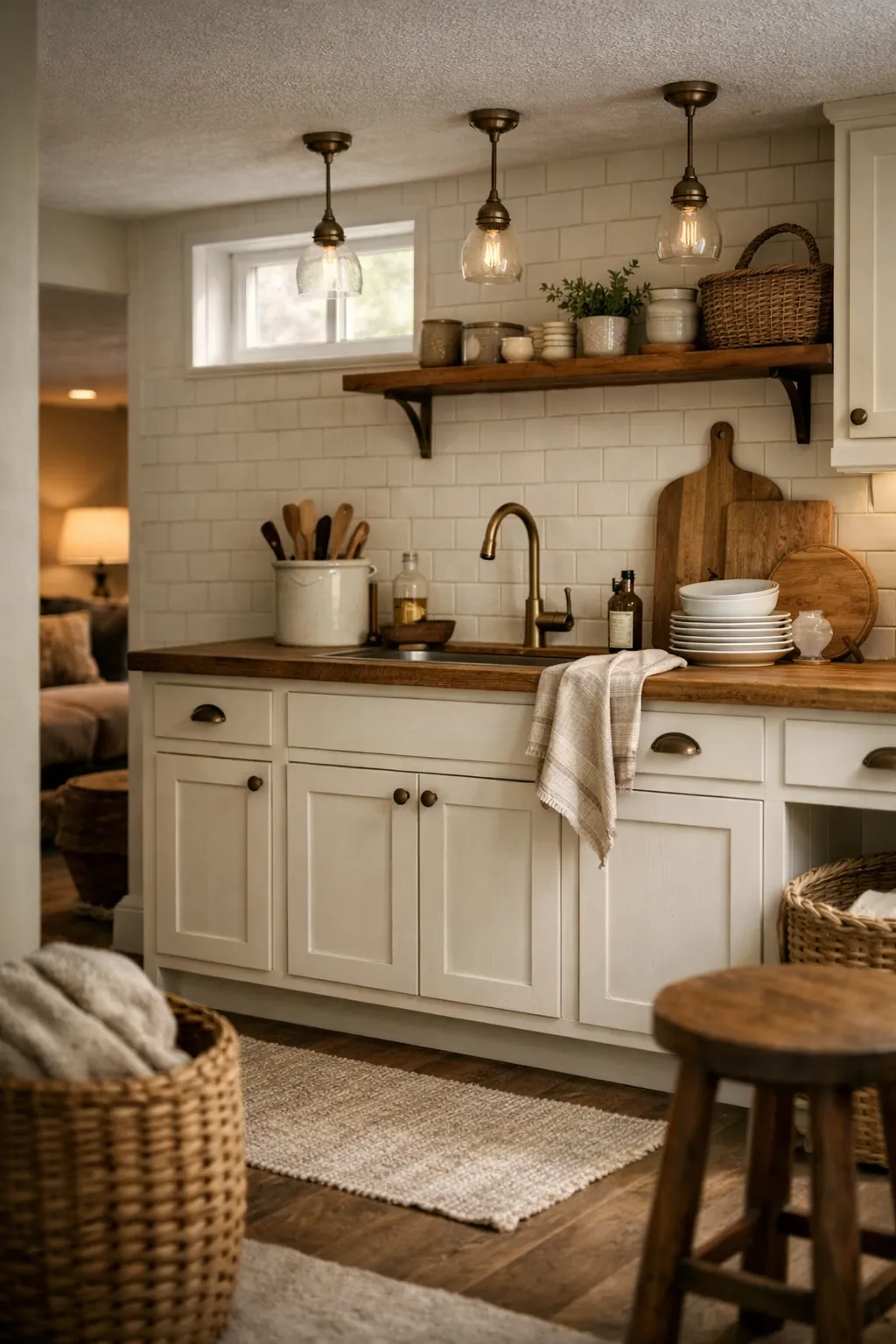 A farmhouse-inspired basement kitchenette with shaker cabinets, subway tile, and warm wood accents.