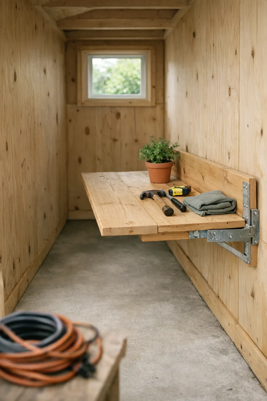 Wall-mounted fold-down workbench inside a narrow backyard shed.