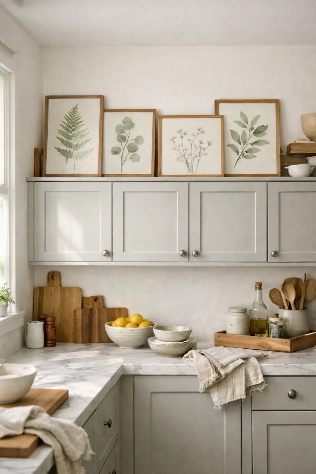 Framed botanical artwork leaning above kitchen cabinets.