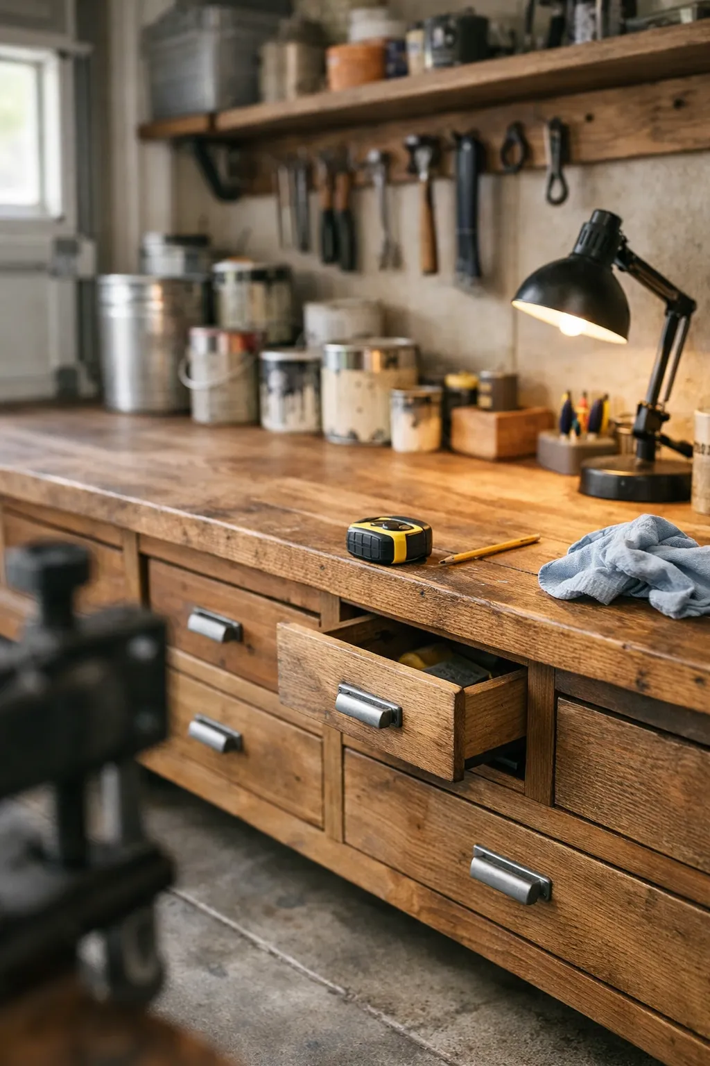 A simple garage workbench with drawers, open shelves, and tools arranged for practical use.