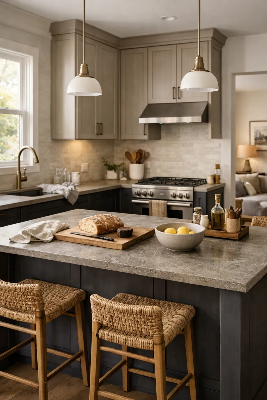 A refined kitchen with greige cabinets, charcoal cabinets, warm stone counters, and soft layered lighting.