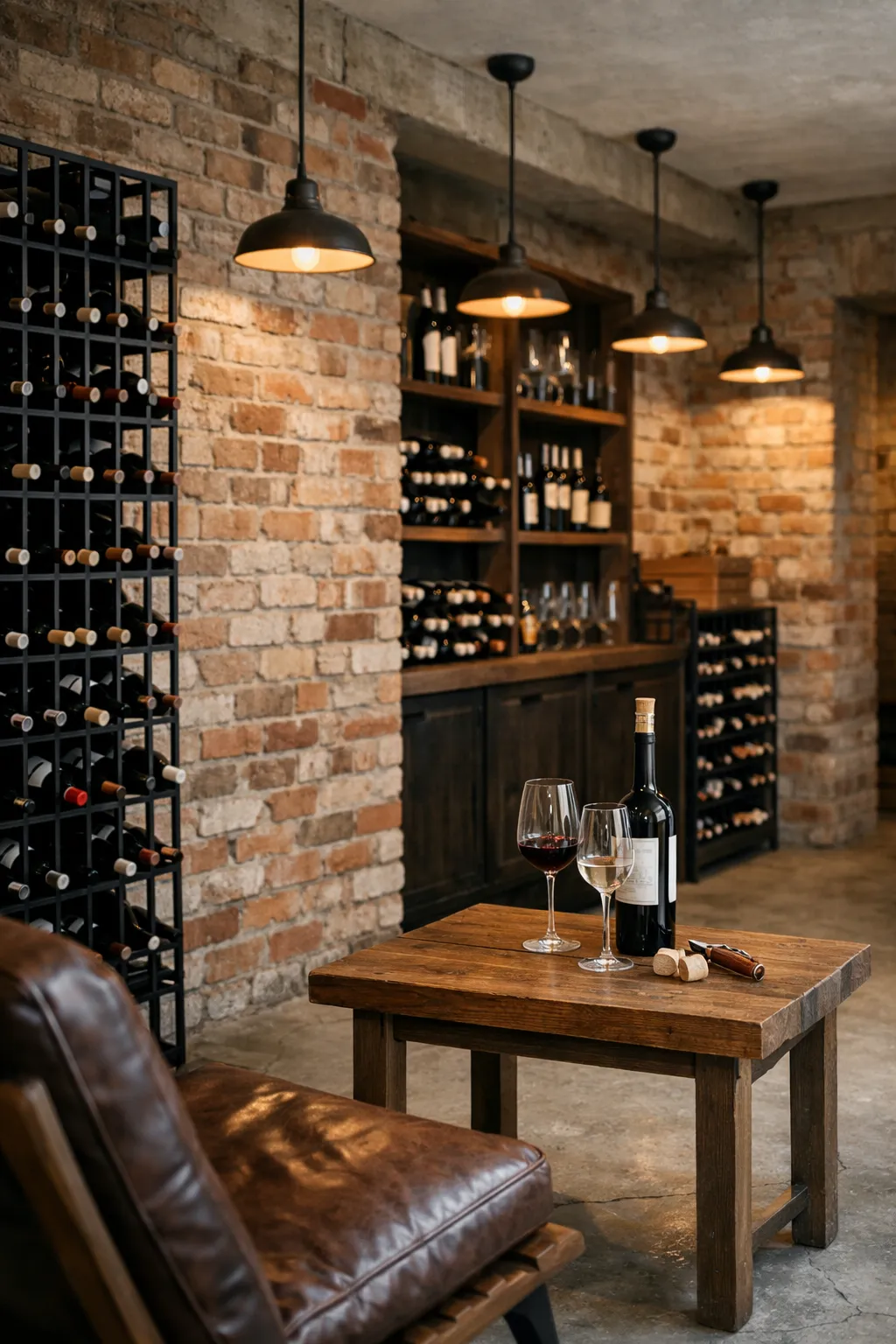 Industrial style basement wine cellar with black metal racks and exposed brick walls.