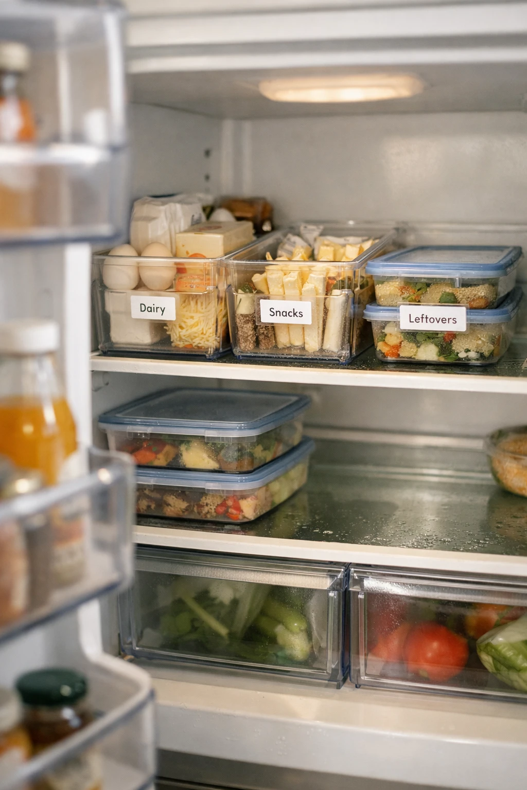 Refrigerator shelves with clearly labeled storage bins