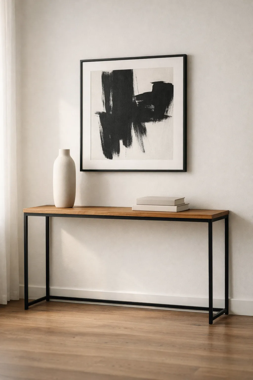 Minimalist black metal console table with wood top and single vase styling.