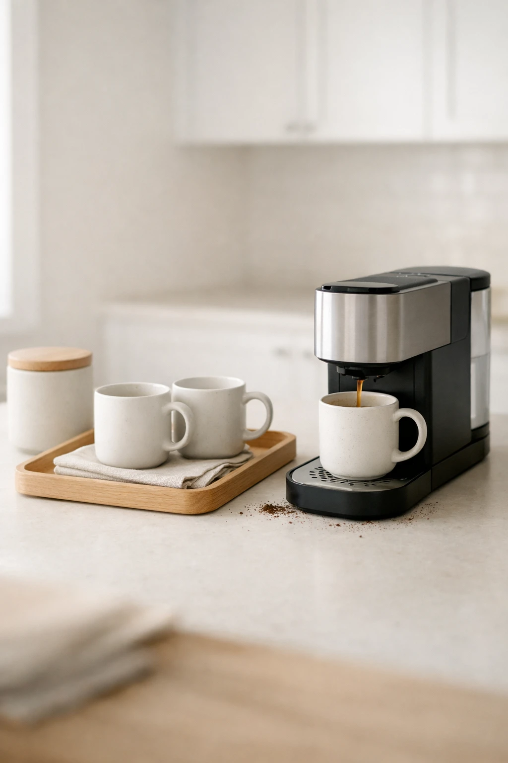 A minimalist coffee bar with a clean white palette, simple mugs, and light wood accents.