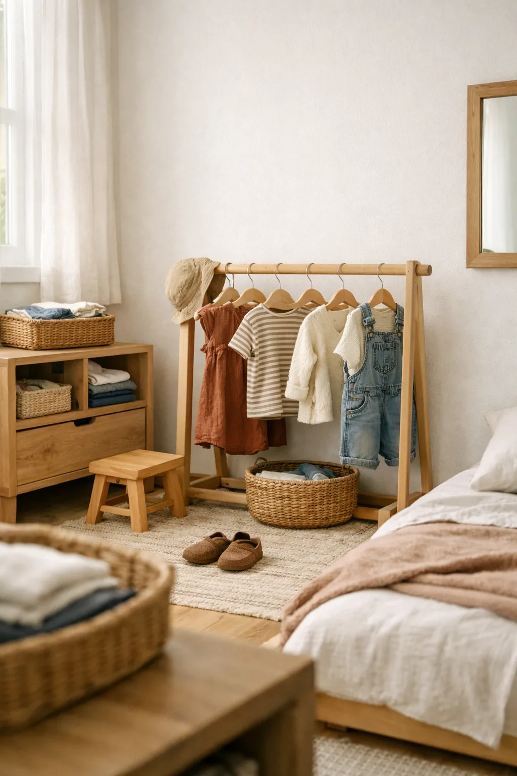 A Montessori kids bedroom with a low clothing rack, reachable dresser storage, and simple neutral decor.