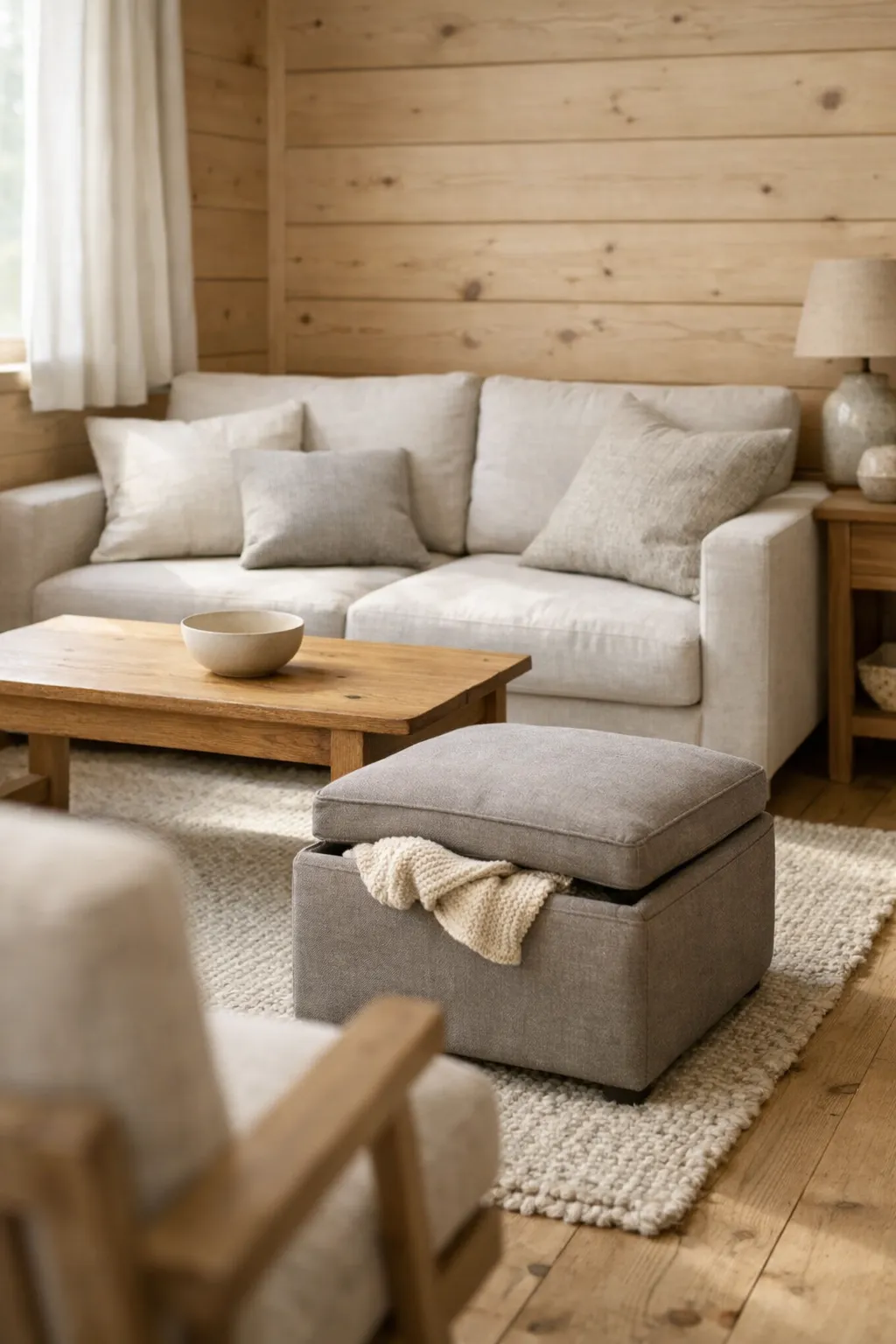 Small cabin living room with a neutral sleeper sofa and storage ottoman