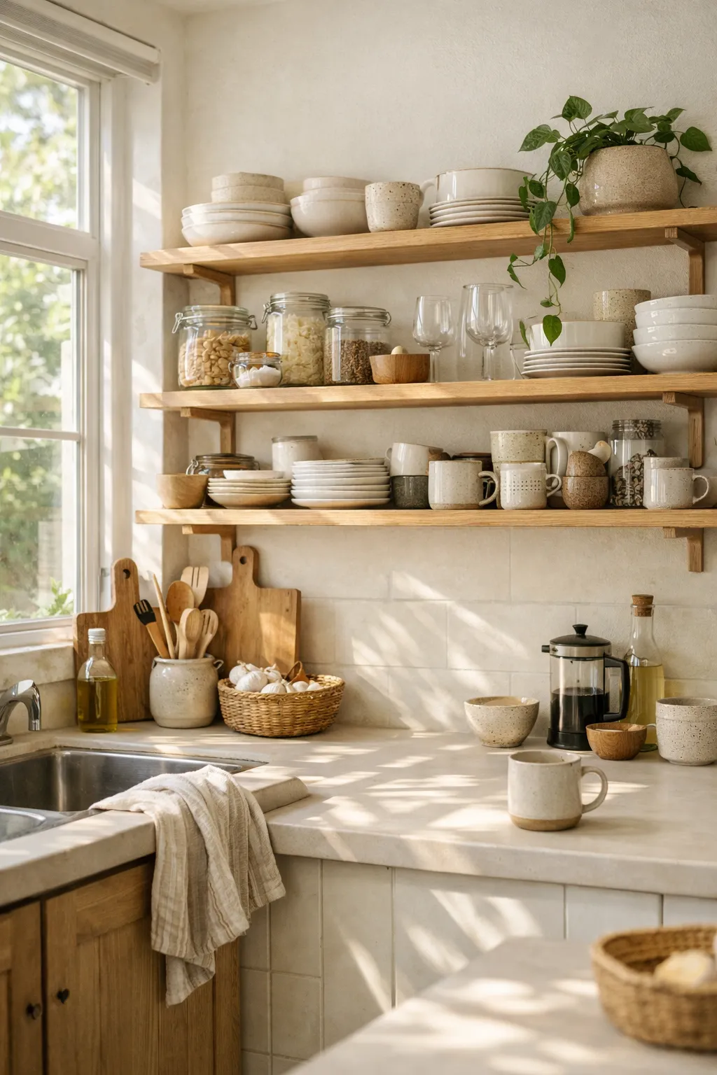 A bright kitchen with open shelves, ceramic dishes, wood accents, and strong natural light from nearby windows.