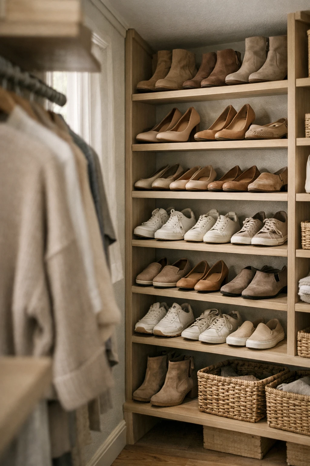 A small walk-in closet with an open shoe wall and neatly arranged footwear on narrow shelves.