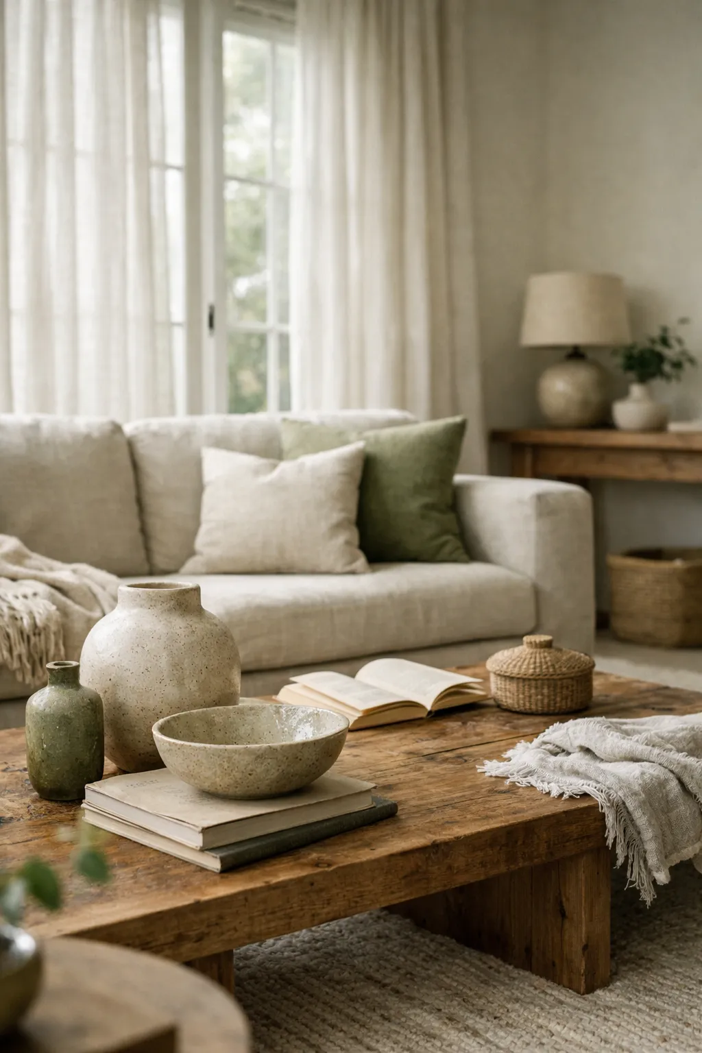 Organic modern living room with neutral furniture and green accents.