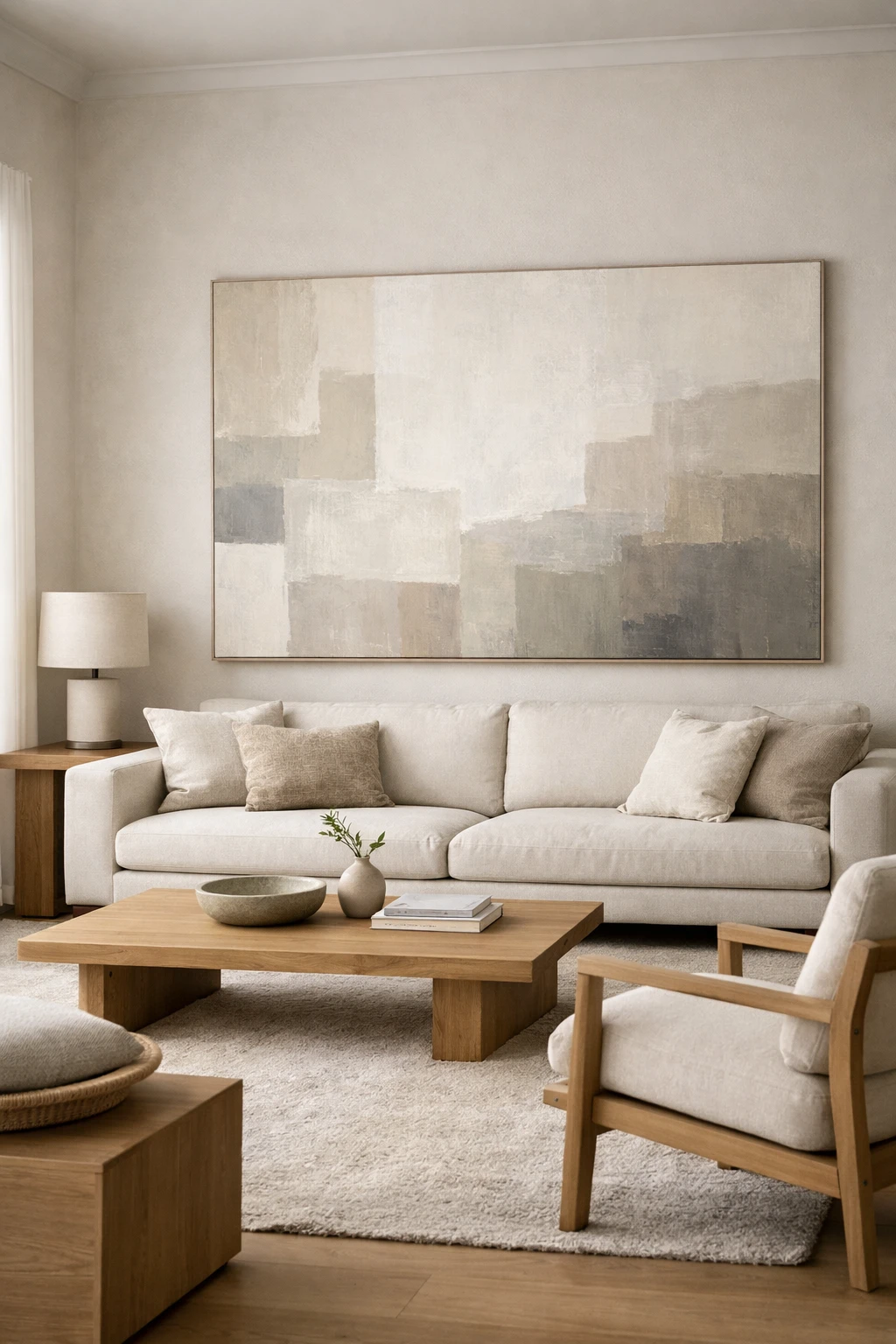 A living room with a large statement artwork above a sofa in a clean, upscale setting.