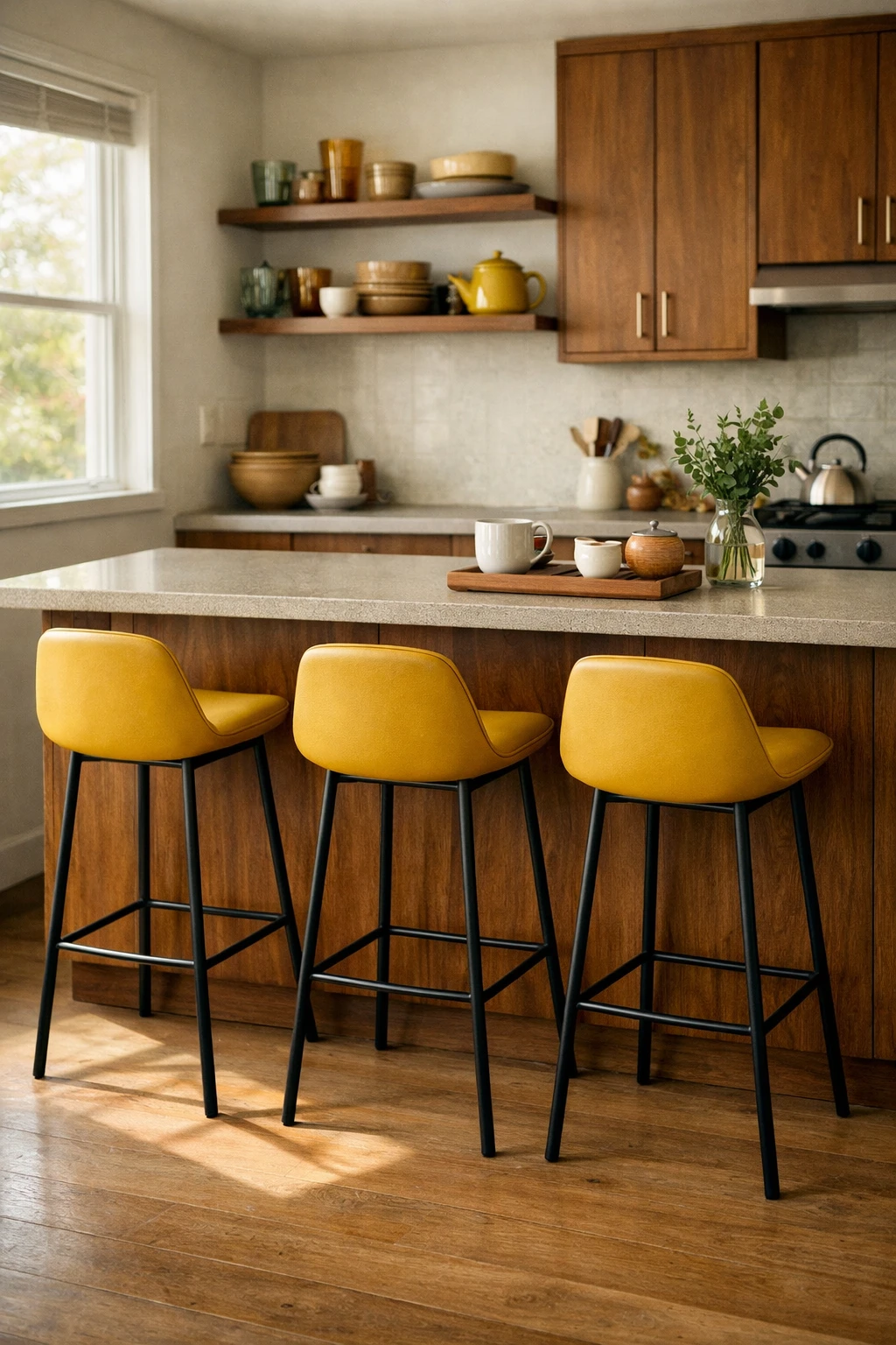 Mid century kitchen with mustard bar stools and walnut cabinets
