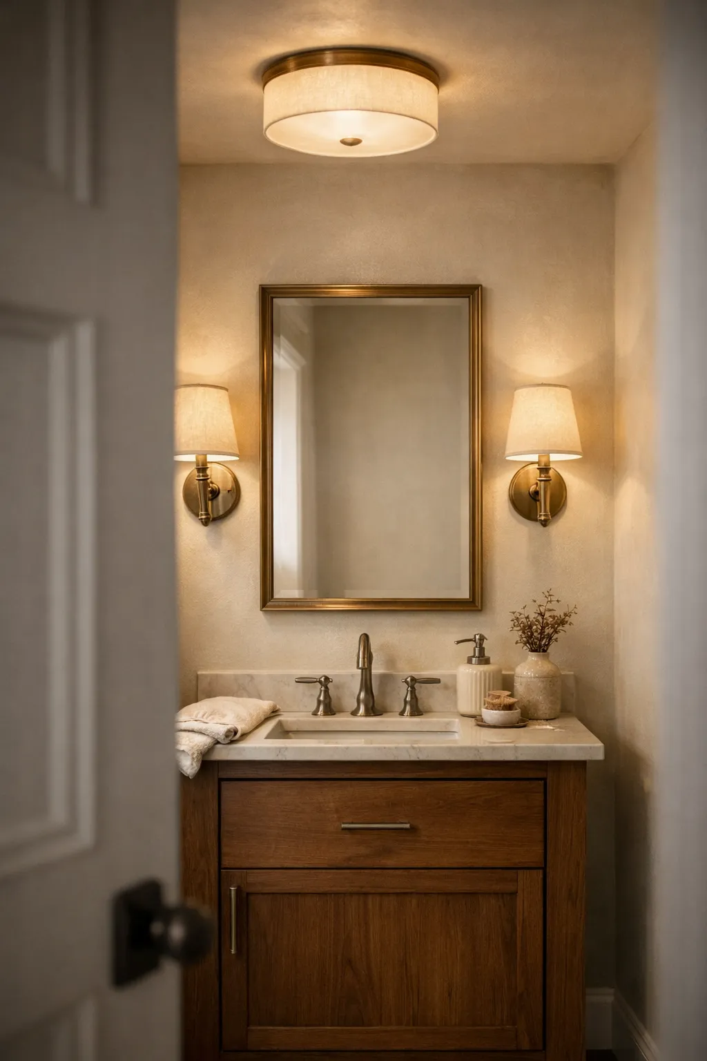 A compact powder room with sconces and ceiling lighting creating a soft welcoming glow.