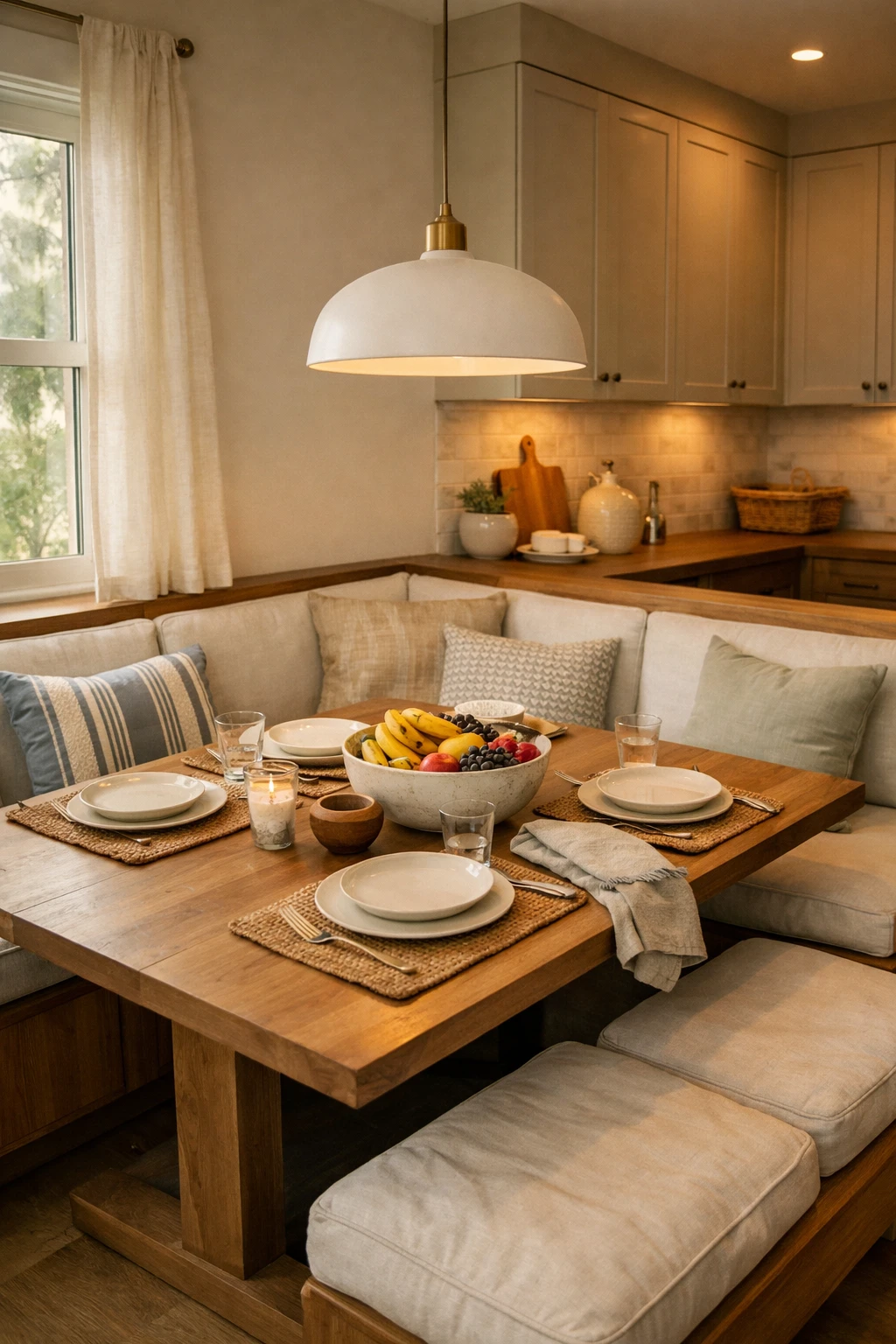 A U-shaped kitchen banquette with a large table, soft cushions, and family-friendly styling.