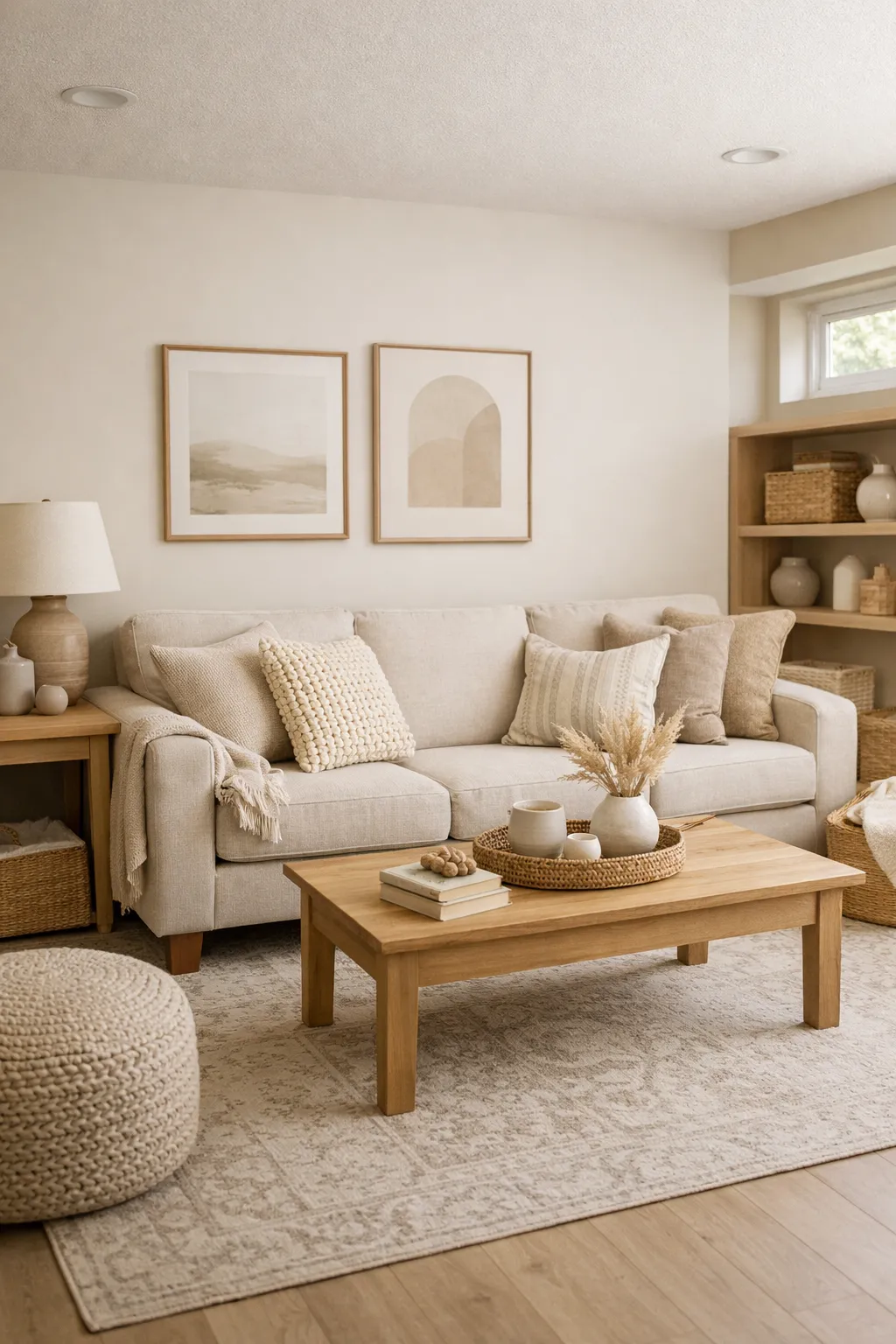 A finished basement in warm beige and taupe tones with soft textures and family-friendly decor.