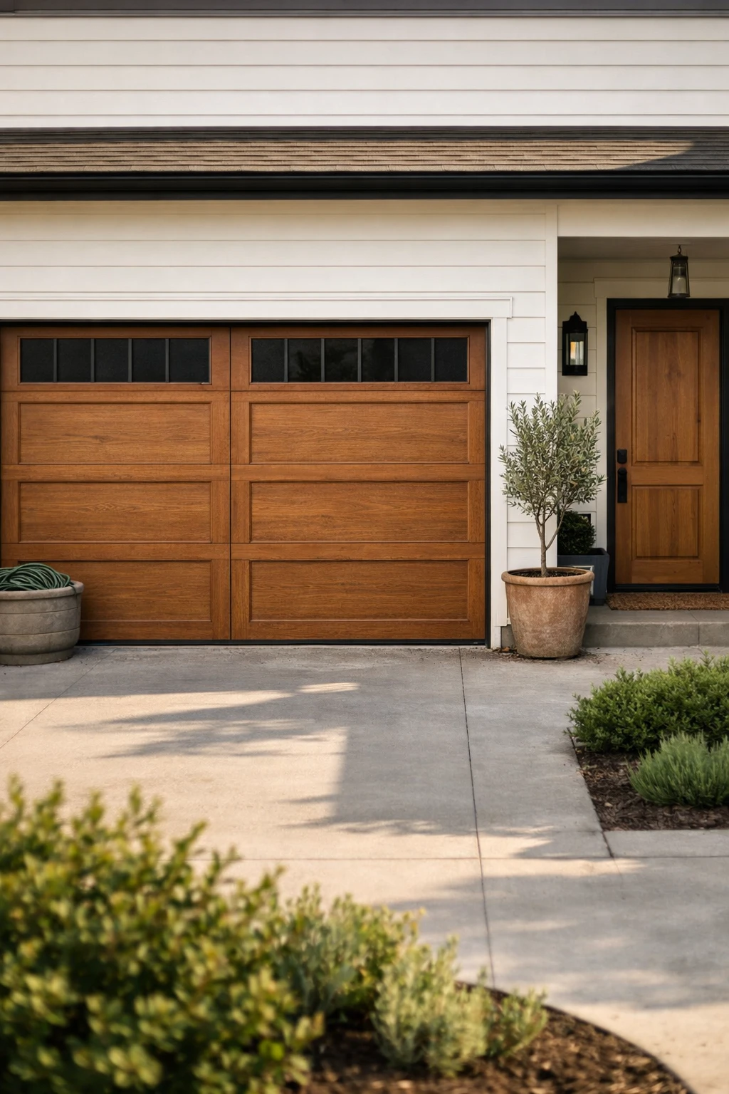 A modern farmhouse exterior with wood-look composite garage doors and black trim.
