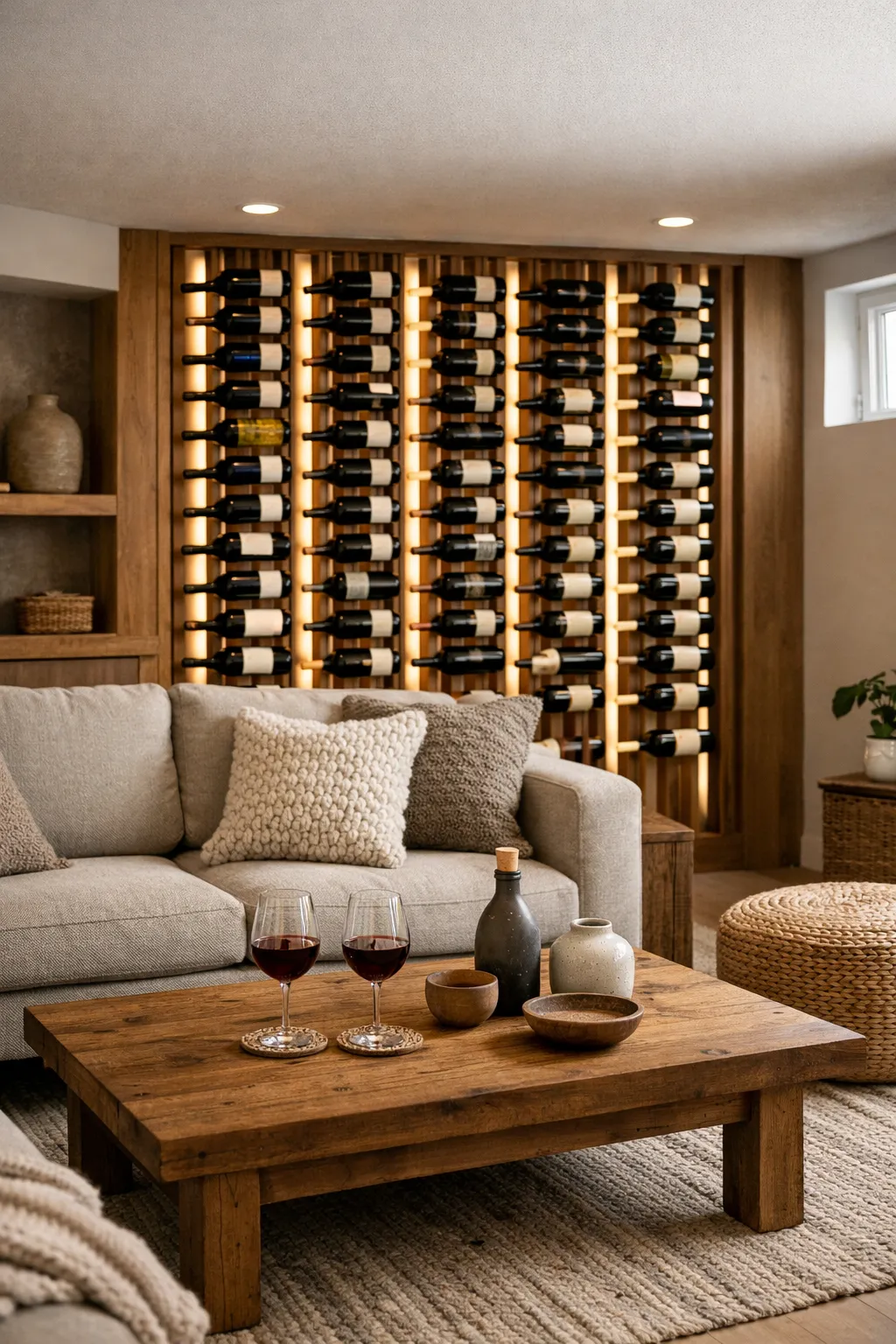 Modern basement wine storage wall with built-in wooden racks and soft lighting.