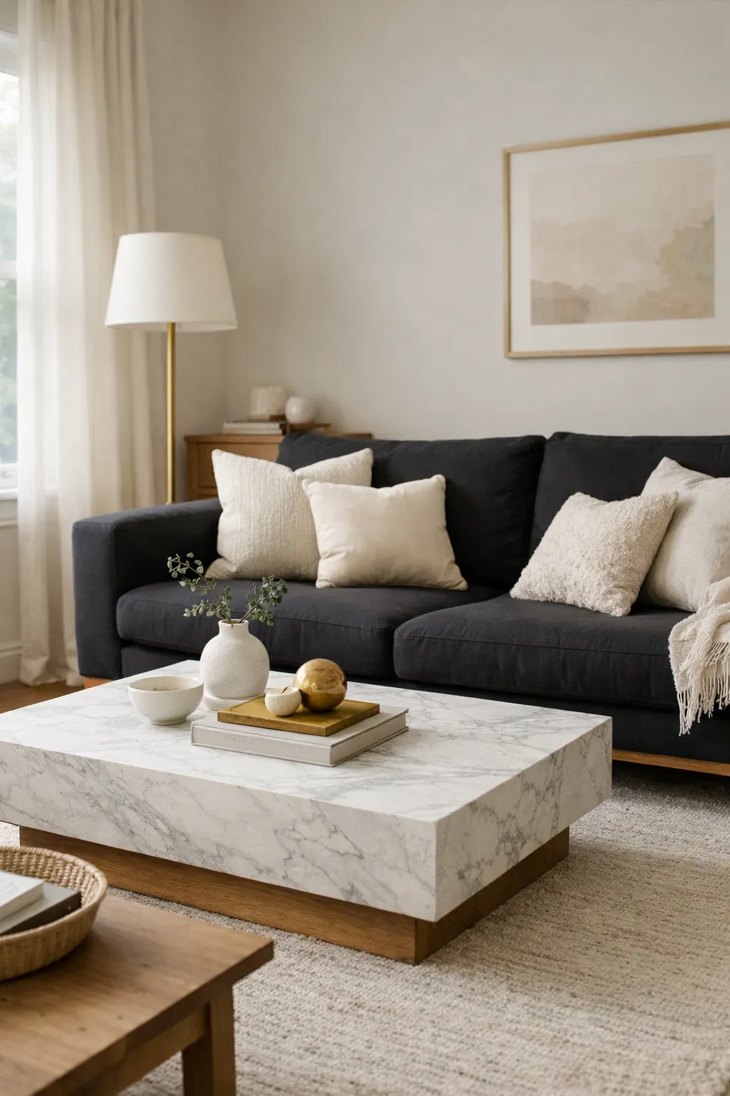 A refined living room with a black sofa, cream textiles, brass lighting, and elegant neutral styling.