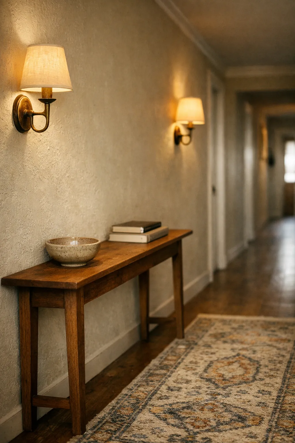 Warm brass wall sconces casting soft light in a boho hallway.