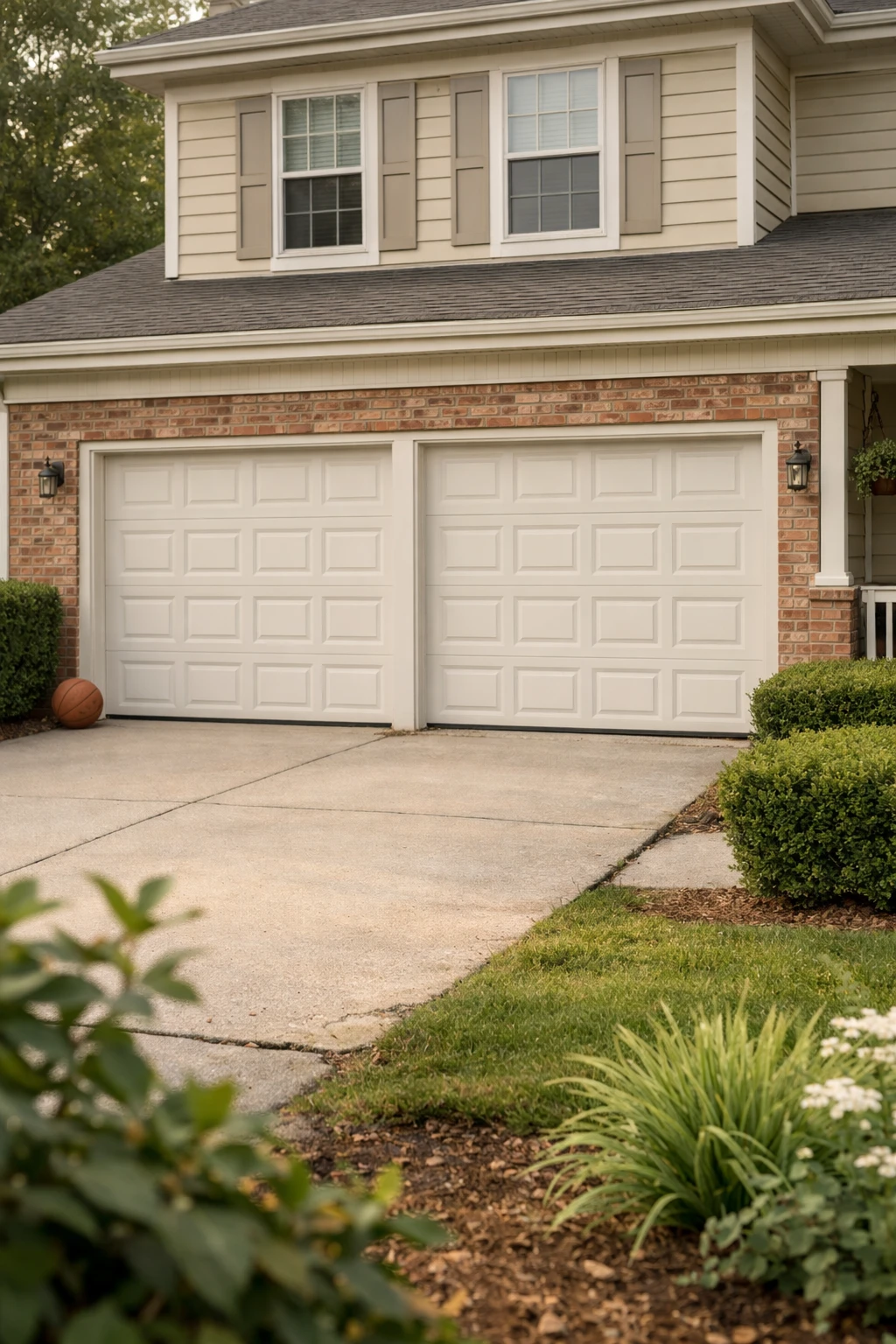 A traditional suburban home with soft white raised-panel garage doors and neat landscaping.