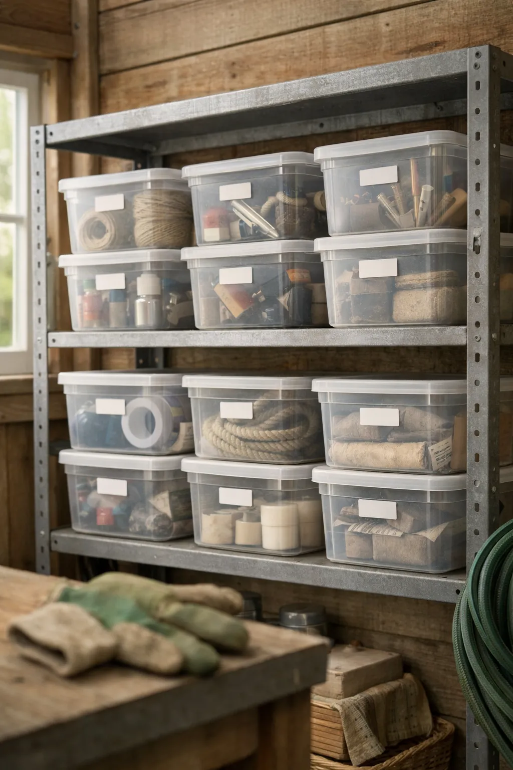 Clear labeled stackable storage bins organized on shed shelving.