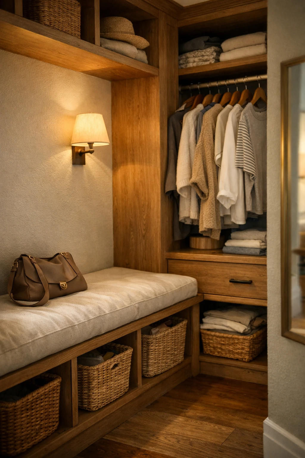 A small walk-in corner closet with a built-in bench and storage baskets underneath.