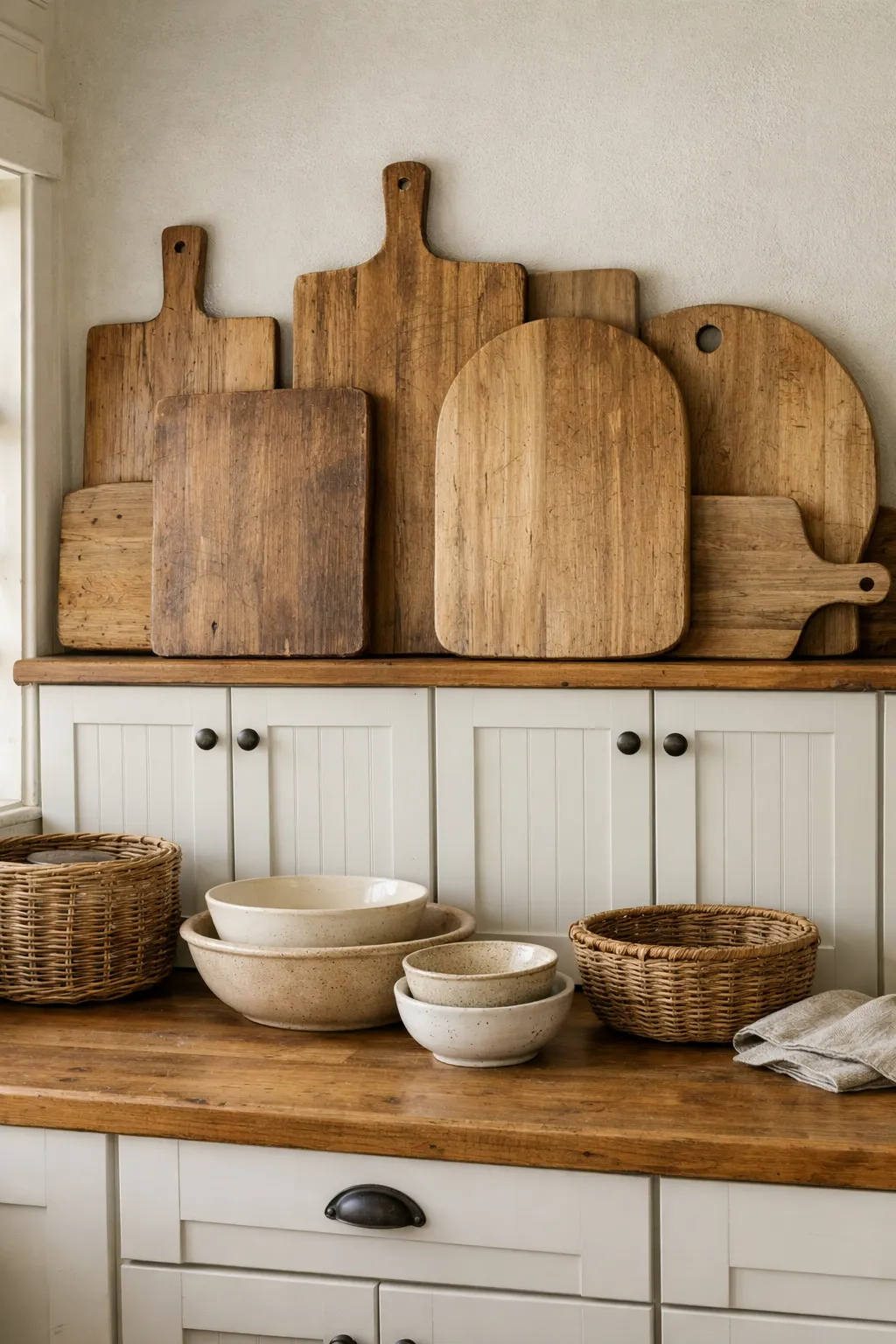 Wood cutting boards layered above kitchen cabinets for rustic decor.