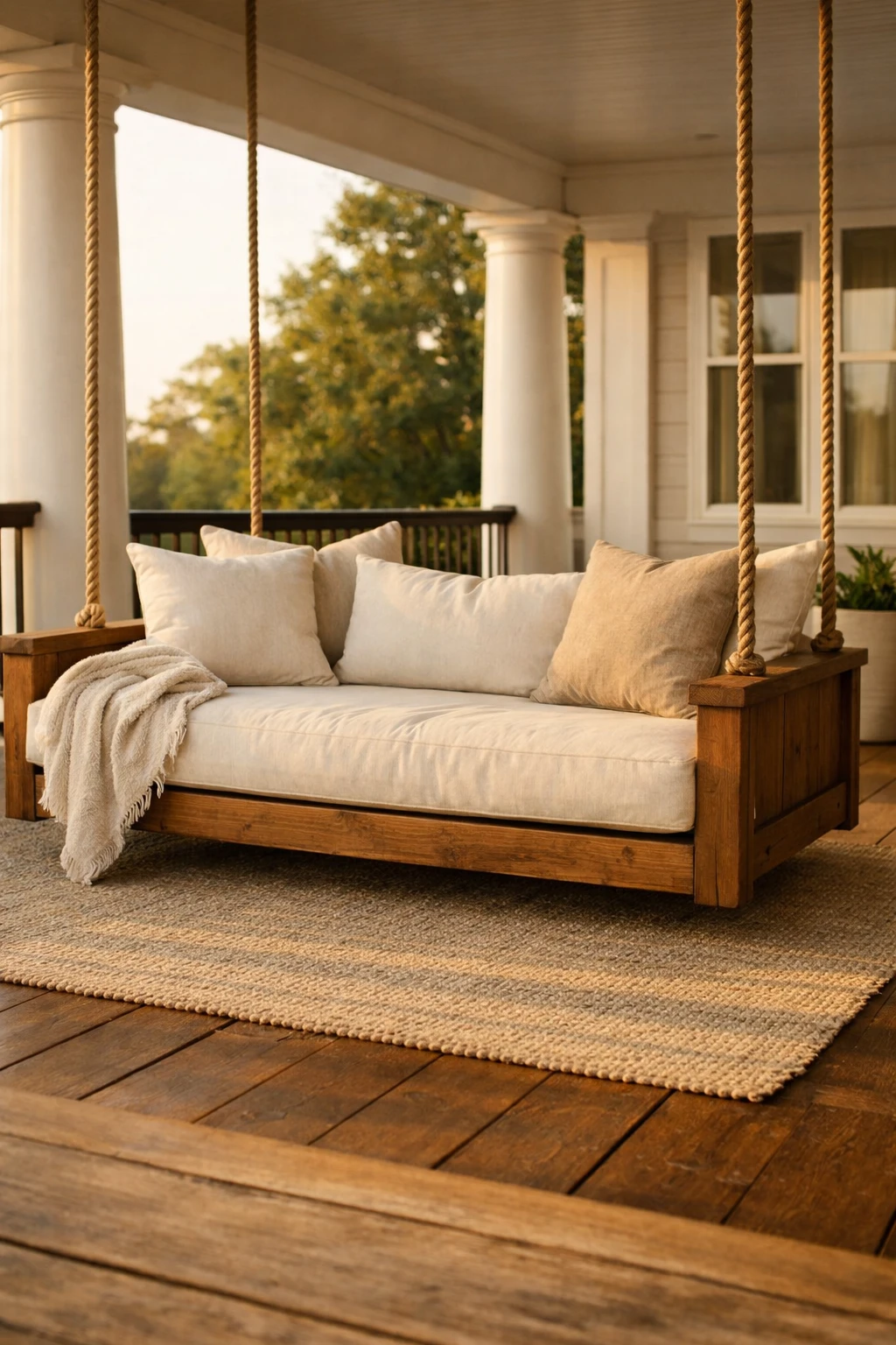 A large daybed-style porch swing with oversized cushions and soft neutral layers on a spacious front porch.