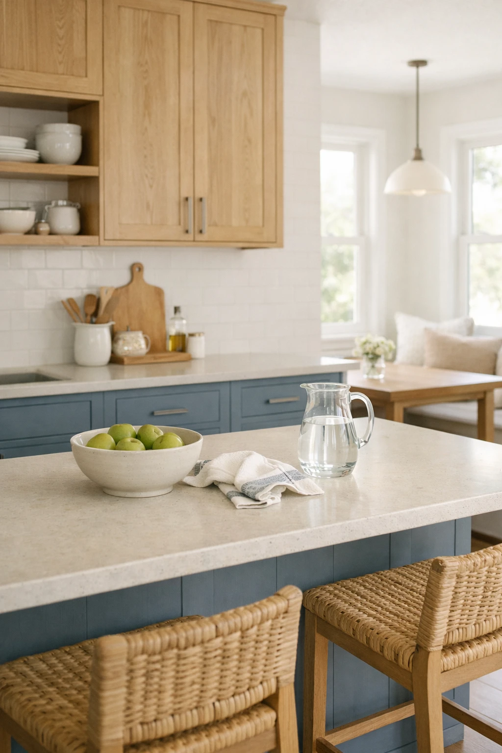 A fresh kitchen with dusty blue cabinets, white oak cabinets, pale counters, and airy natural light.