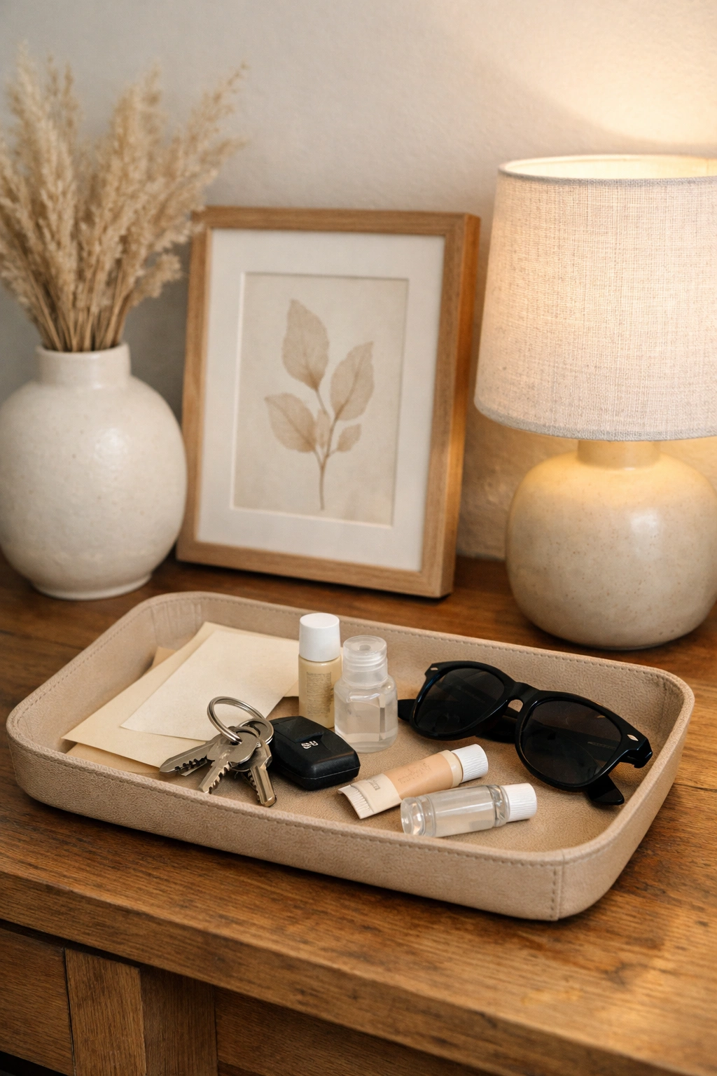 A styled entry table with a catchall tray holding keys and small everyday items.