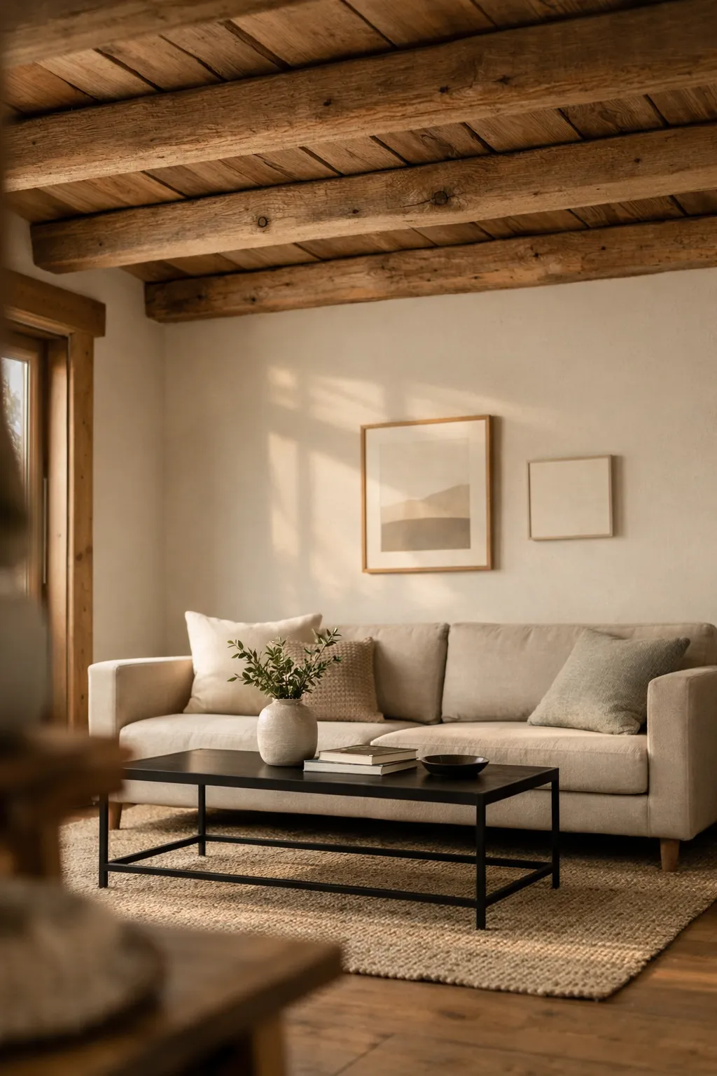 Small cabin living room with exposed beams and modern furniture