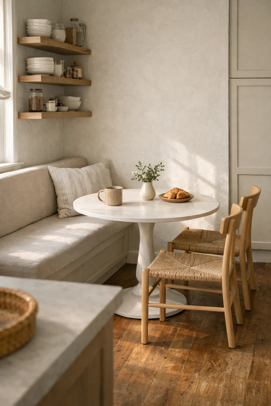 A freestanding kitchen bench paired with a round pedestal table and mixed seating in a casual breakfast area.
