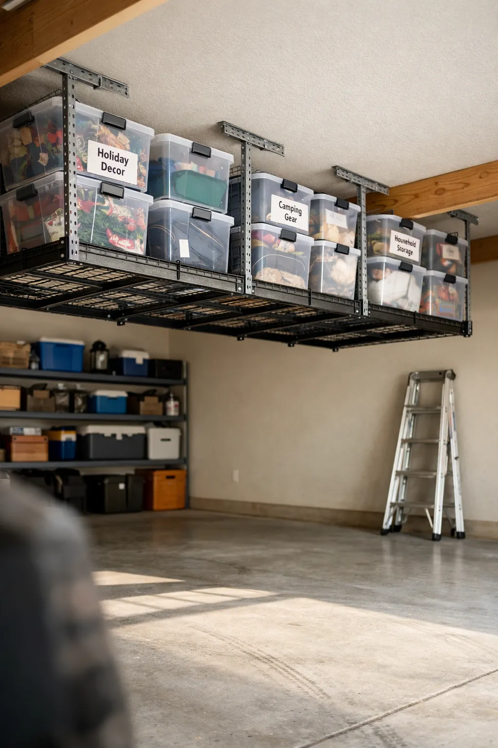 Overhead garage racks holding labeled bins above a clear and open floor area.